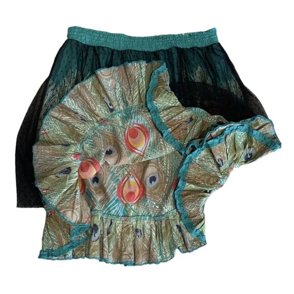 Desigual Green Paradise Peacock Feather Skirt Mesh Layers Size 36 - Picture 6 of 8